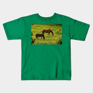 Horses grazing in a buttercup meadow Kids T-Shirt